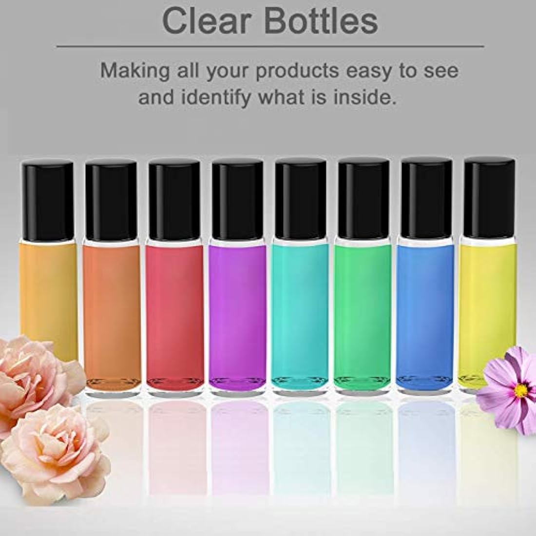 Yalbdopo 10pcs, 10ml Essential Oil Roller Bottles - Refillable Transparent Glass Roll-on Bottles with Stainless Steel Roller Balls & Gold Cap, Includes 12 Labels, Dropper & Opener