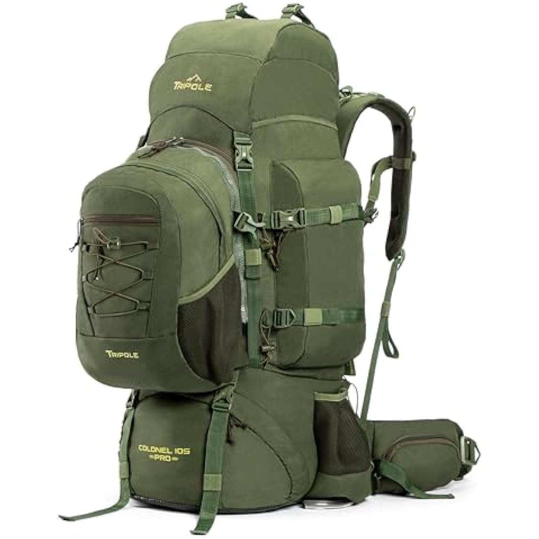 Tripole Colonel Pro Metal Frame Rucksack | Front Opening | Detachable Bag | Rain Cover (105 Litres, Army Green)