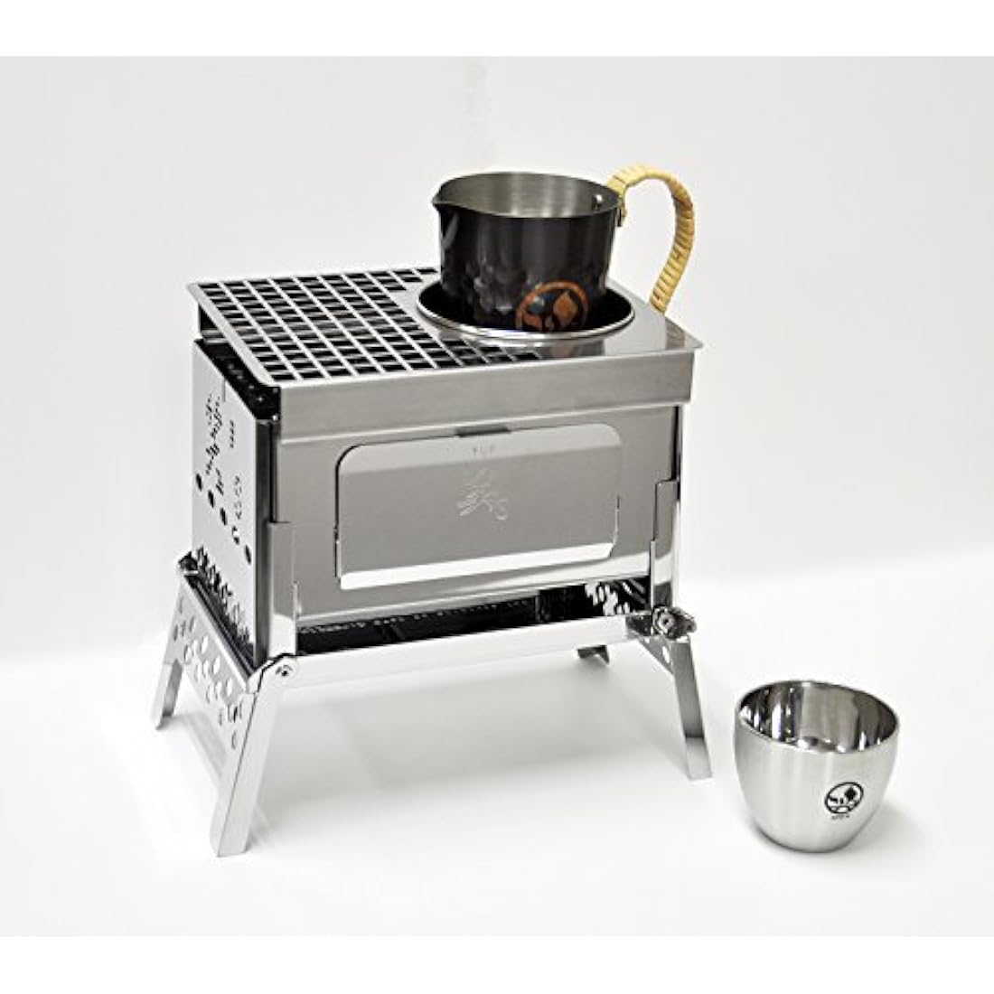 笑's Sho's B-6 Kun, Japanese compact charcoal Grill "KAN"(hot sake) Grill set, foldable hibachi, drink warm & grill plate, carafe, cup