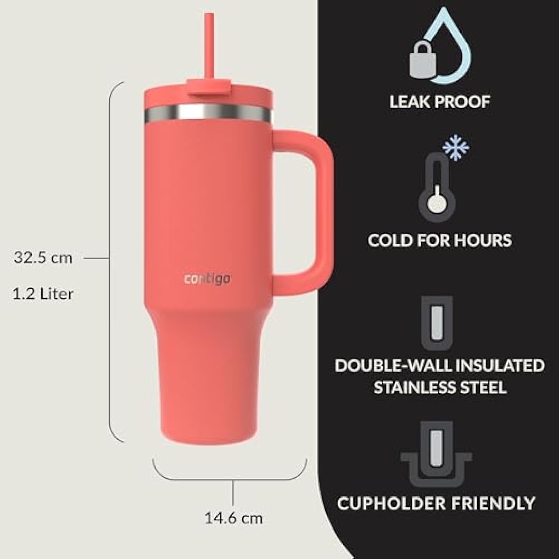 Contigo Streeterville Tumbler 1200 ml with Handle, Stainless Steel Vacuum Insulated Water Bottle with Straw and Lid, Cold for 29 Hours, Travel Mug, Thermal Flask, BPA Free