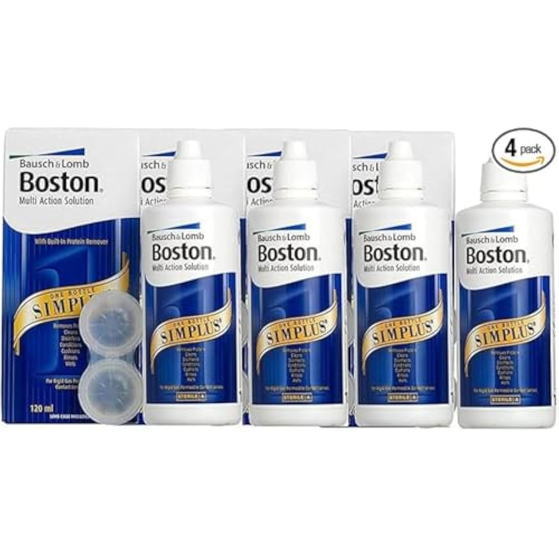 Boston Simplus Multi-Action Solution, 4x 120ml Contact Lens Solution for Rigid Gas Permeable Contact Lenses - Clean, Disinfect & Condition with 4x Lens Cases