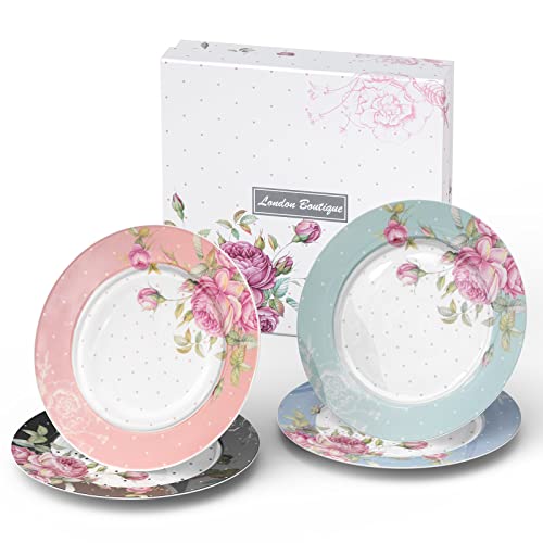 London Boutique Side Plates Cake Dessert Plates Afternoon Tea Plates Set of 4 Multicolours New Bone China Vintage Flora Gift Box 7.5inches (Roses)