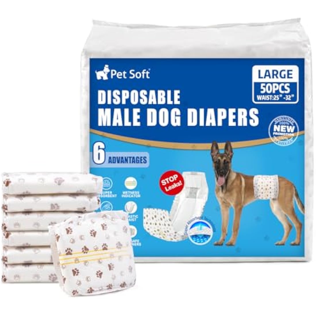 Pet Soft Dog Nappies Male-Disposable Male Dog Wraps 50 Counts, Super Absorbent Puppy Dog Diapers Incontinence Nappy Wraps with Wetness Indicator (L-50 Count)