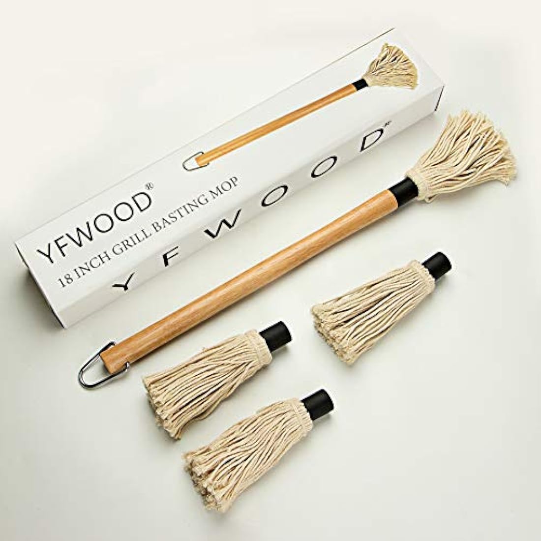 Barbecue Basting Brushes, YFWOOD Grill Basting Mop 18inch/45.7CM Wooden Long Handle with 3 Extra Replacement Heads for BBQ Grilling Smoking Steak