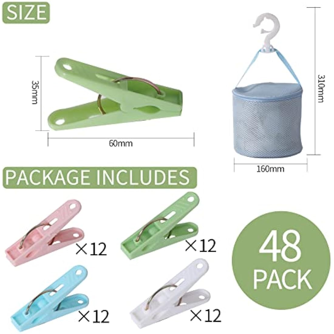 Clothes Pegs For Washing Line Pack of 48，Strong Grip Laundry Pegs for Windproof Supplies ，Rust Resistant pegs with bag for Home and Garden