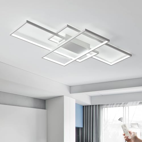 JIINOO Dimmable LED Ceiling Light, 110cm Flush Mounted Ceiling Light with Remote Control, 70W Square Acrylic Modern Simple Design Fixture for Bedroom Living Room, White