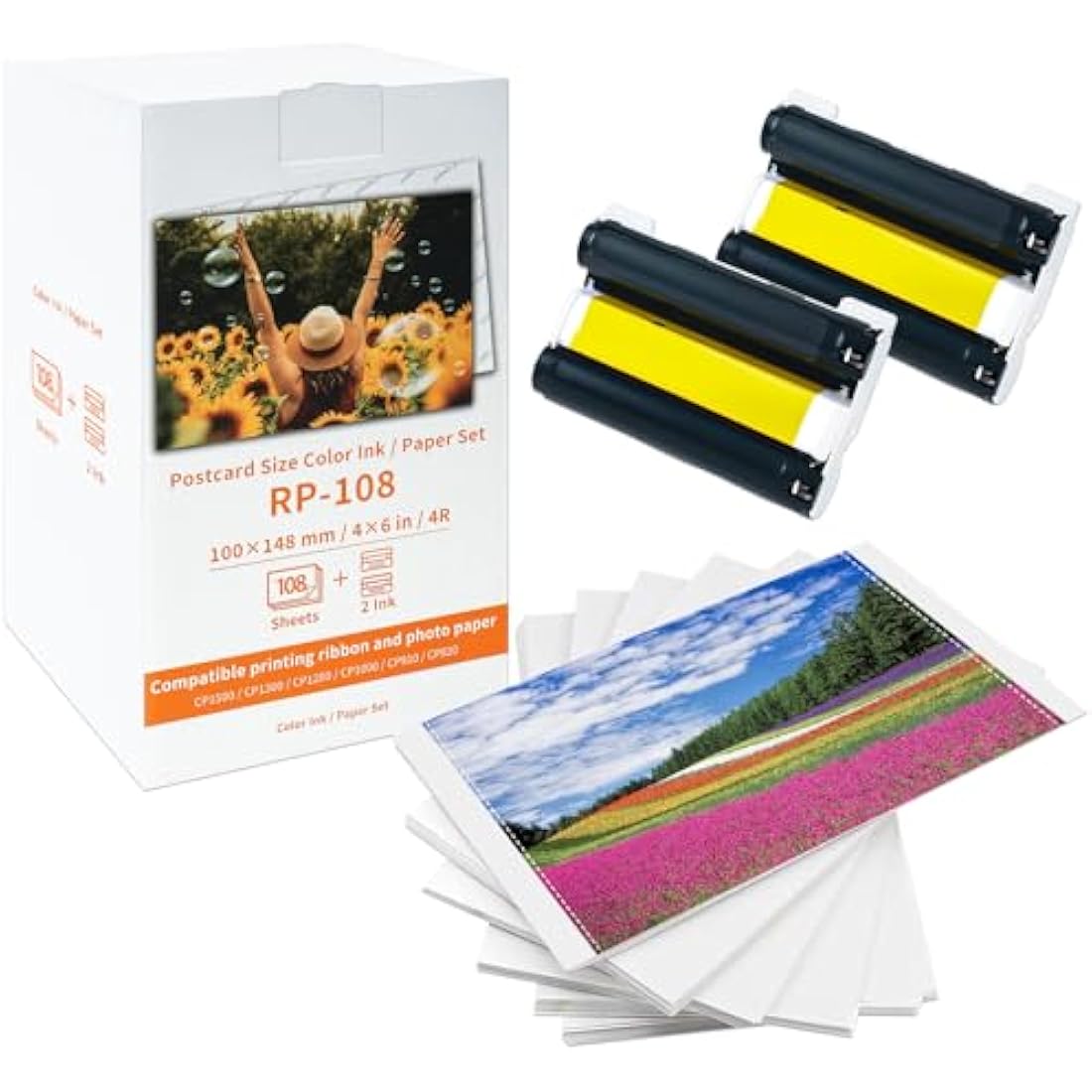 Compatible with Canon Selphy CP1500 RP-108 Color Ink/Paper Set, for Selphy CP1500 CP1300 CP1200 CP1000 CP910 CP820 Printer, 2 Ink Cartridges and 108 Photo Papers, RP-108IN 10cm x 15cm