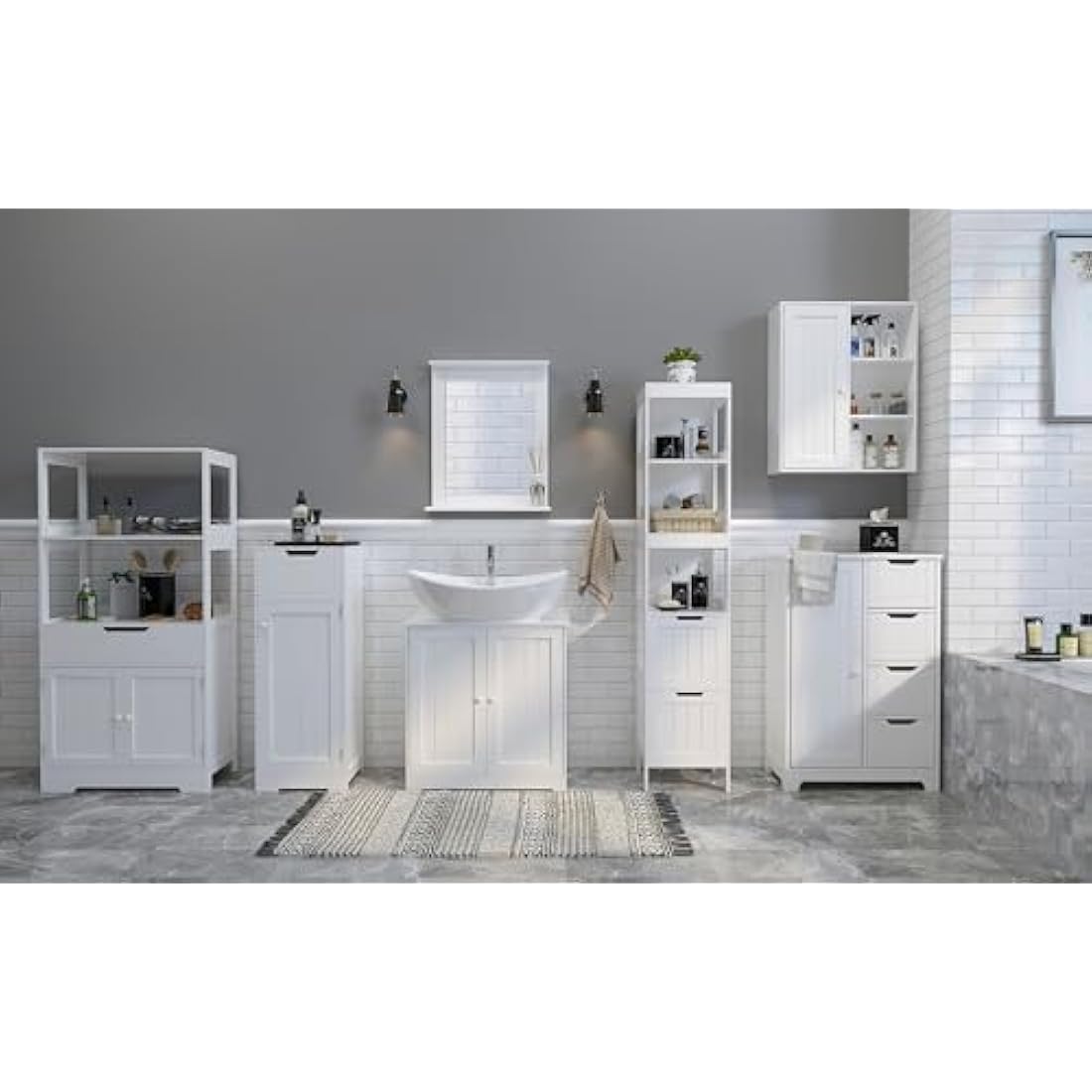 Mondeer Bathroom Floor Cabinet, Storage Unit With 1 Drawer 1 Door 2 Shelves, 32x30x87cm White MDF Painted Wood Free Standing Cupboard for Bathroom Living Room Porch