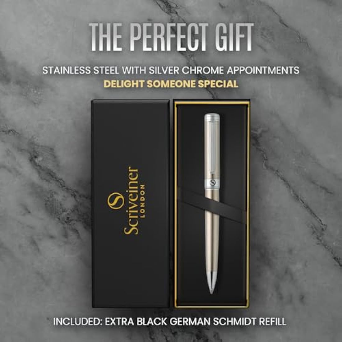 Scriveiner Stainless Steel Ballpoint - Stunning Luxury Pen with Stainless Steel Finish, Schmidt Black Refill, Best Ball Pen Gift Set for Men & Women, Professional, Executive, Office, Nice Pens