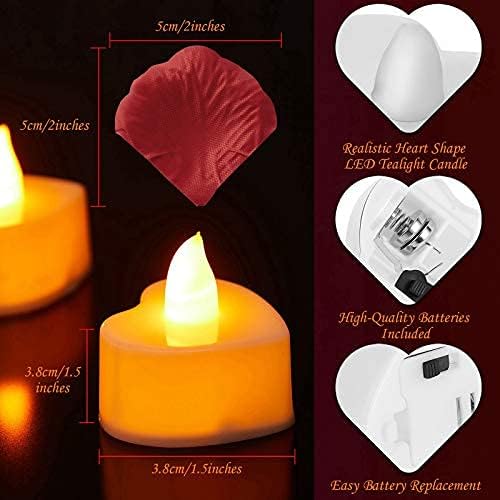 Mudder 12 Pcs Heart Shape LED Tealight Candles Love LED Candles with 200 Pieces Silk Rose Petals Scatter Artificial Petals for Valentine's Day Wedding Table Party Decor(Yellow Light, Dark Red Petal)