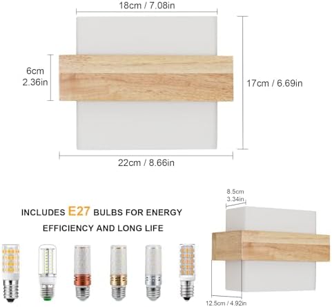 DELIPOP Wooden Wall Lights Indoor, E27 Modern Minimalist Design Wall Lamp, Wood Wall Lighting Fixtures 3 Lighting Colours 3000K/4500K/6500K for Living Room Bedroom Corridor Stairs