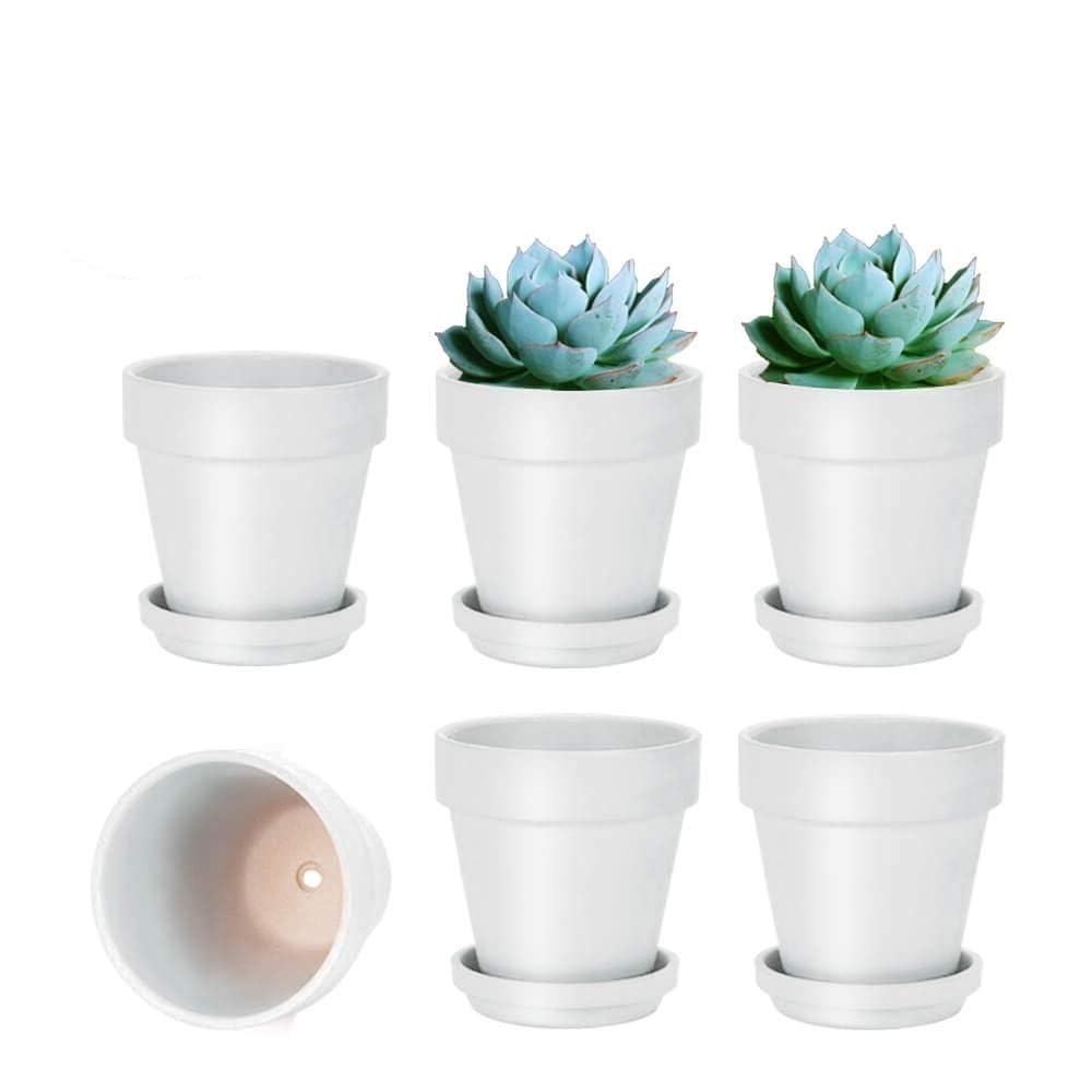 vensovo 10.16cm White Clay Pot for Plant with Saucer - 6 Pack Small Terra Cotta Plant Pot with Drainage Hole, Flower Pot with Tray, Terracotta Pot for