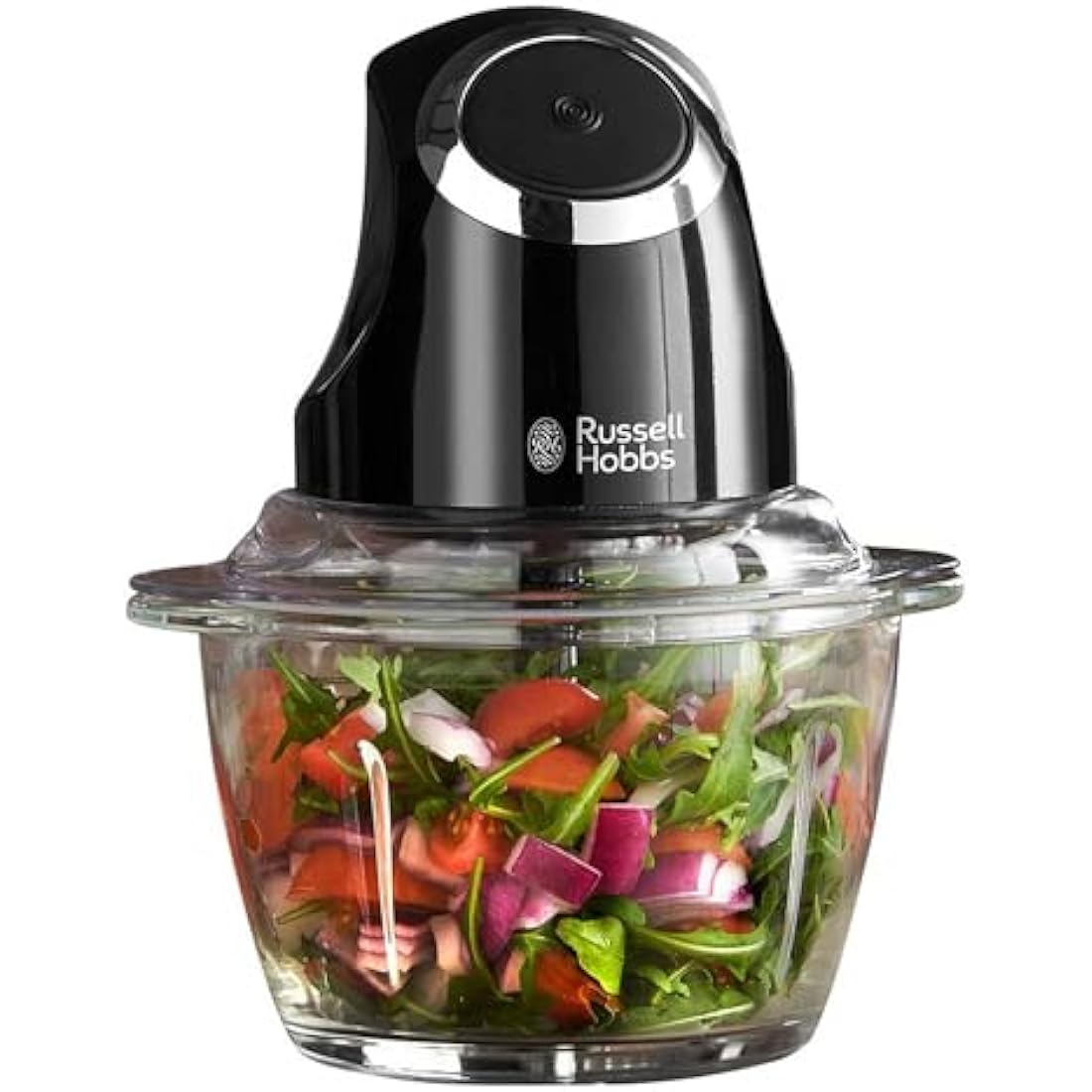 Russell Hobbs Desire Electric Fruit & Vegetable Mini Chopper, 1L glass bowl with 500ml food capacity & storage lid, Dishwasher safe parts, Stainless Steel blades, One touch operation, 200W, 24662