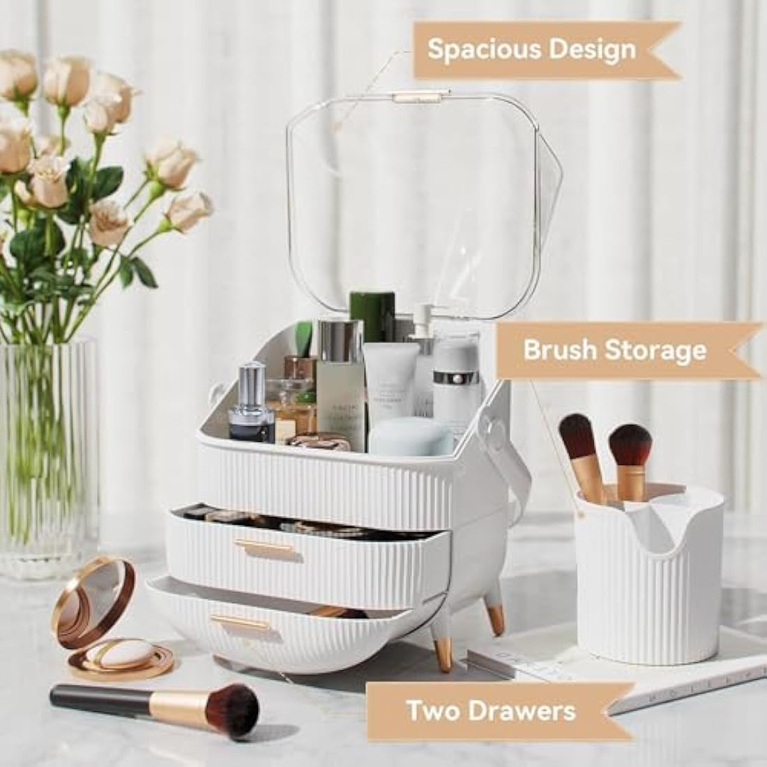 SIOOUI Makeup Organizer Box, Clear Cover Cosmetic Display Case with Two Tier Storage Box and Brush Storage Box, Skincare Organizers for Bathroom Countertop, Bedroom Vanity Desk and Travel (White)