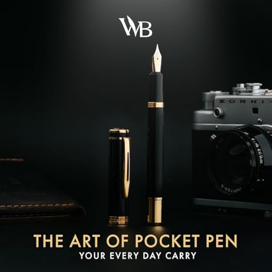 Wordsworth and Black Fountain Pen Mini EDC: Luxury Black Heavy Pocket Pen, Gold Finish, Medium Nib, 6 Ink Cartridges, Ink Converter, Travel Refillable Writing Pen Gift Set, Men & Women