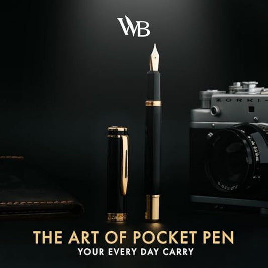 Wordsworth and Black Fountain Pen Mini EDC: Luxury Black Heavy Pocket Pen, Gold Finish, Medium Nib, 6 Ink Cartridges, Ink Converter, Travel Refillable Writing Pen Gift Set, Men & Women