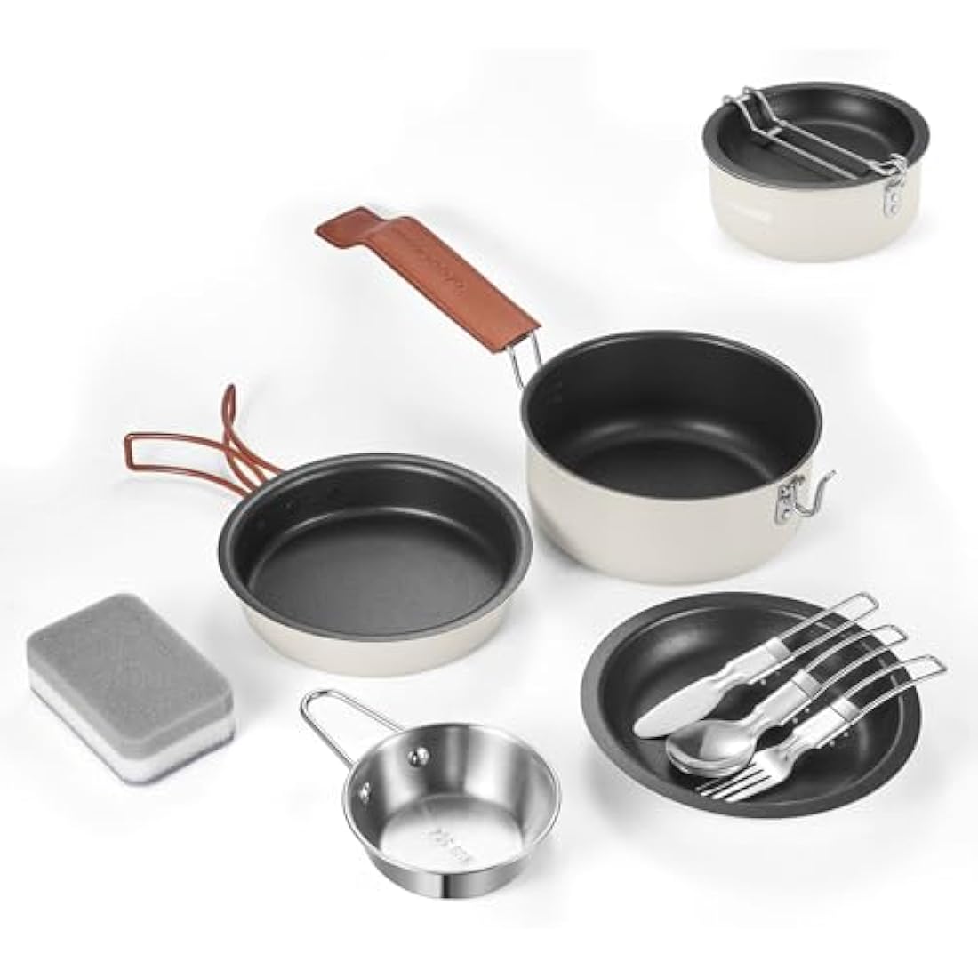 Odoland 10 pcs Camping Cookware Set, Non-Stick Lightweight Cooking Set with Plates Bowls Forks Knives and Spoons - Perfect for Backpacking, Camping, Hiking and Picnicking Milk White
