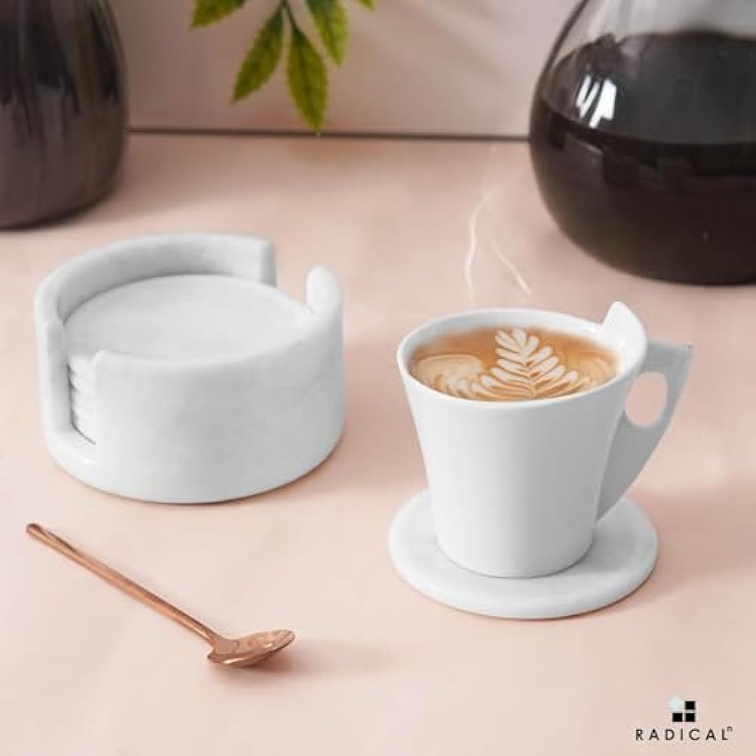 Radicaln Marble Coasters for Drinks - 3.5 Inch Set of 6 White Round Coasters with Holder - Perfect for Coffee Table & Home Office