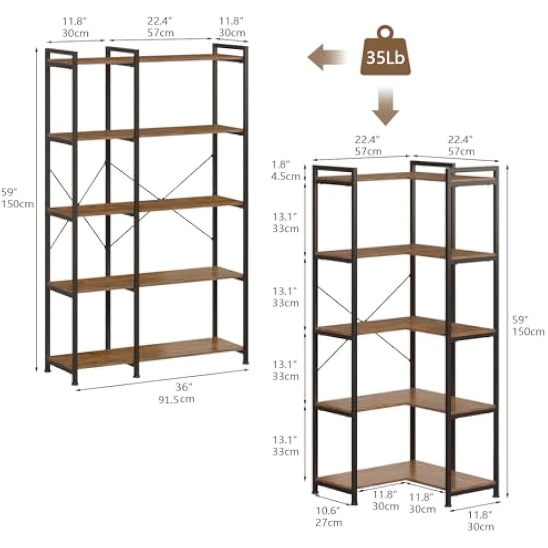 VEDECASA 5 Tiers Corner Bookshelf 5 Tiers Deformable Corner Bookcases Industrial Freestanding Bookshelf Storage Display Rack with Metal Frame for Living Room Home Bedroom Home Office Study Room