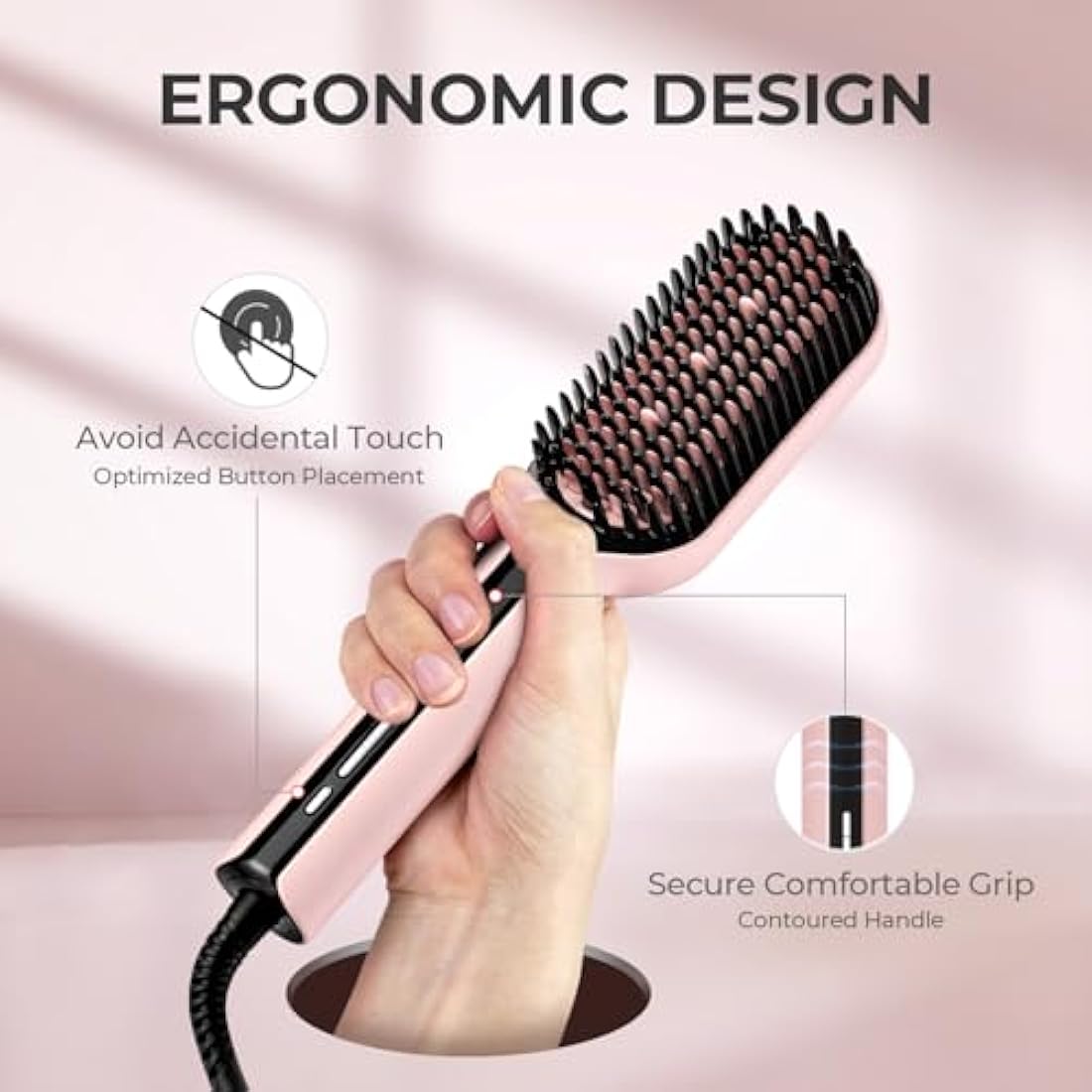 TYMO Ionic Plus Hair Straightener Brush UK, Upgraded Straightening Brush with Dense Bristles for Thick Hair, 16 Temps (80℃~230℃) LED Display, 10 Million ions, Dual Voltage, Hot Brush for Women (Pink)