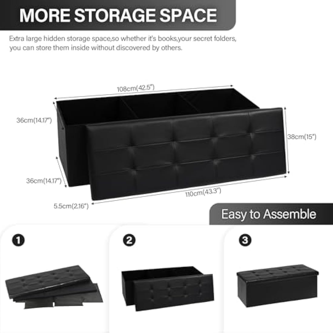Bonlife End of Bed Storage Bench,Folding Black Ottoman Seat,Toy Chest Box Bedside Table Faux Leather Footstool for Living Room,110x38x38cm