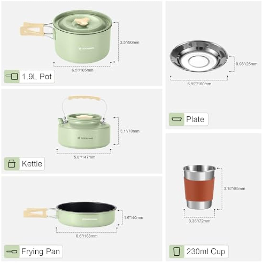 Odoland Camping Cookware Set Non-Stick Pot and Pan Set with Kettle, Stainless Steel Utensils Mess Kit, Cups Plates Knives Spoons Forks for Outdoor Cooking