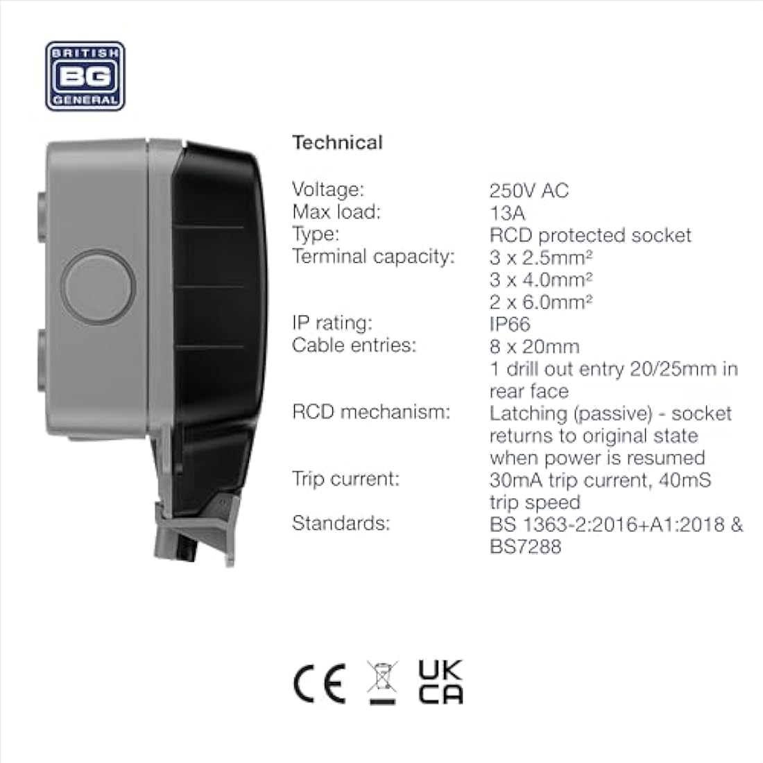BG Electrical WP22RCD-01 Double Weatherproof Outdoor Switched Power Socket with Latching RCD, IP66 Rated, 13 Amp