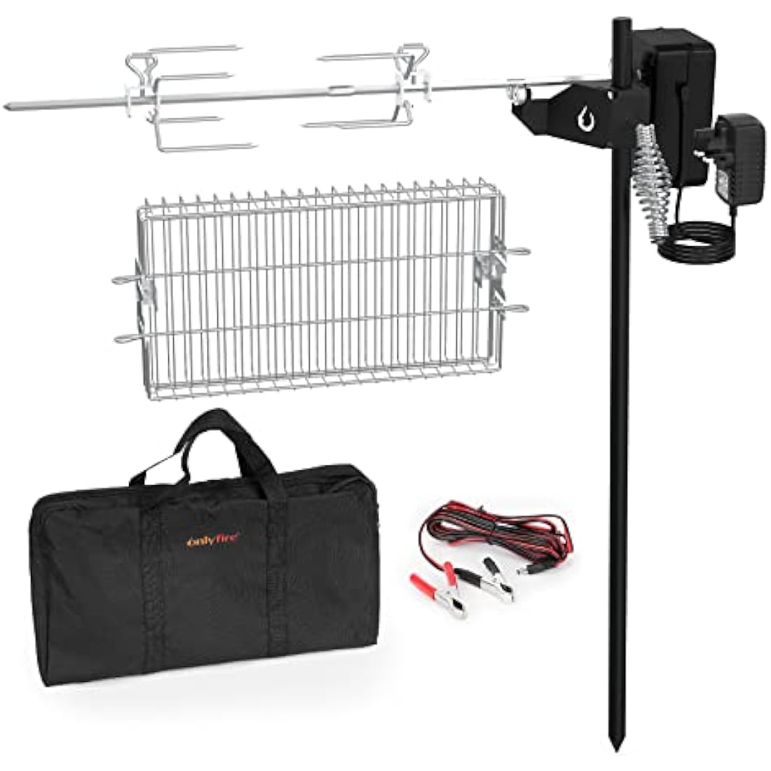 onlyfire BBQ Rotisserie Grill Kit Floor Stand Spit Roaster including Rotisserie Basket, Spit Forks, Battery Motor with Power Adapter, Car Charging Cable, Carrying Bag for Outdoor Camping Barbecue