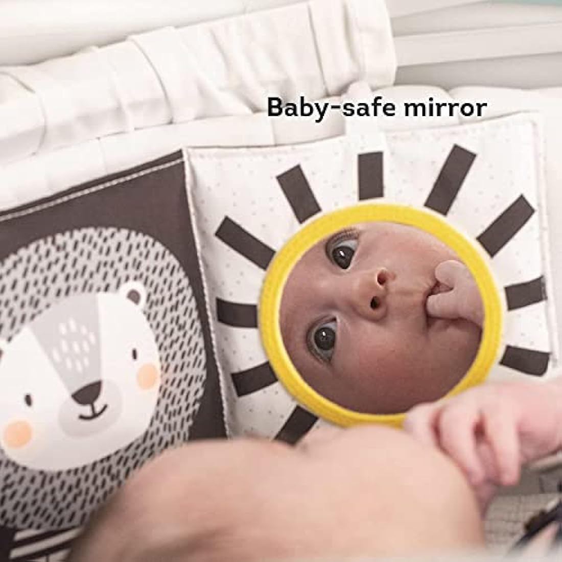 Taf Toys Savannah Black and White 3 in 1 Newborn Baby Pram Book. High Contrast Sensory Soft Double-sided Tummy Time Book with Lion Cub Toy & Baby-safe Mirror. Gift Suitable for Boys & Girls from Birth