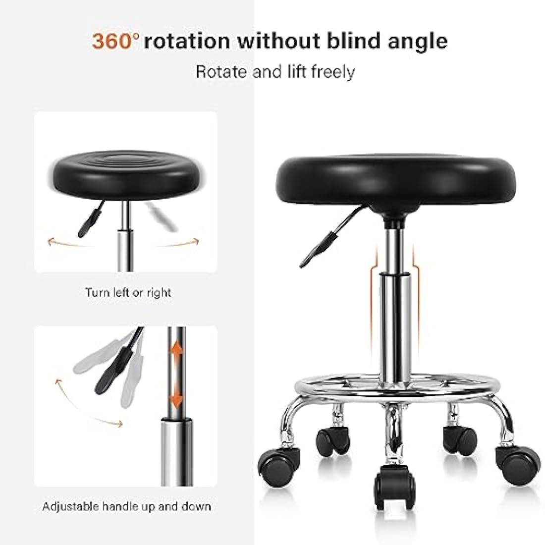 KKTONER PU Leather Round Rolling Stool with Foot Rest Swivel Height Adjustment Spa Drafting Salon Tattoo Work Office Massage Stools Task Chair (Black)