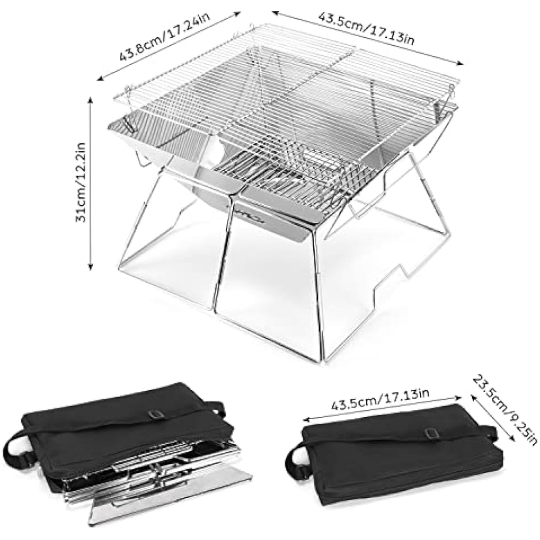 Odoland BBQ Fire Pit Portable Campfire Pit Collapsible Camping Grill Stainless Steel Barbecue for Camping Picnic Terrace Garden w/Carrying Bag L (43 * 43 * 31cm)