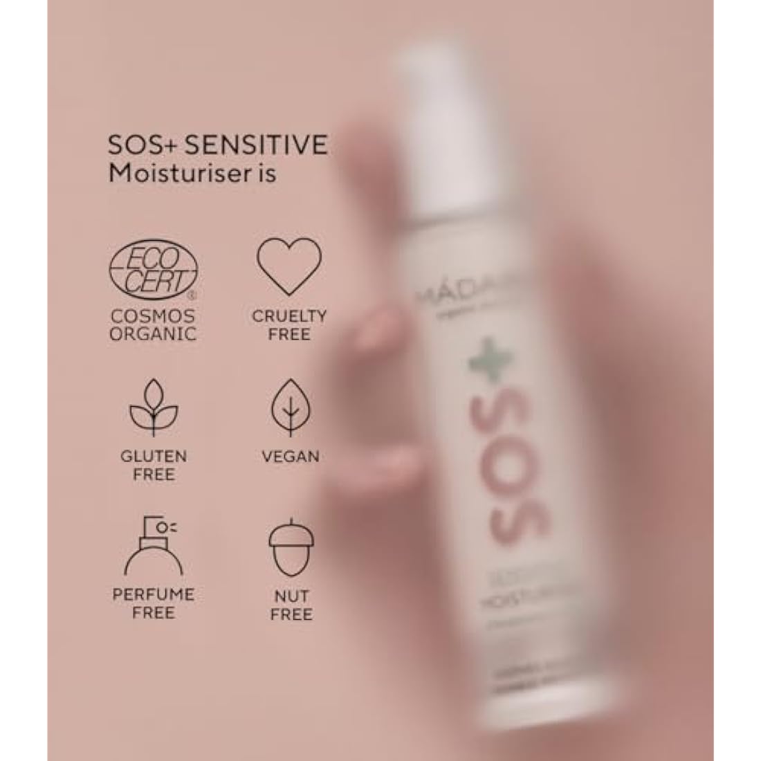 MÁDARA Organic Skincare | SOS+ SENSITIVE Moisturiser, 50ml – Lightweight sensitive skin moisturiser for redness-prone and reactive complexions, With hyaluronic acid and red algae, Fragrance-free