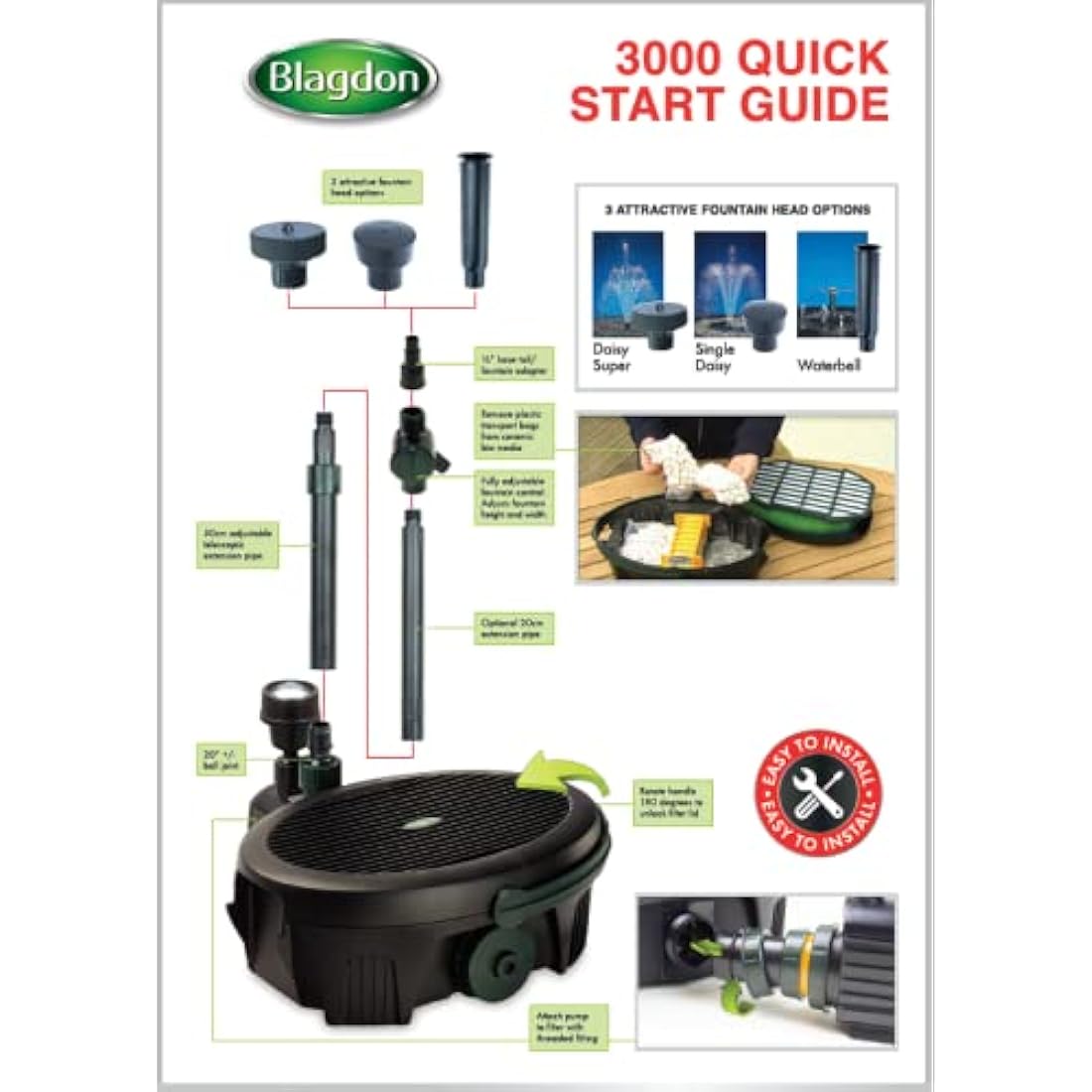 Blagdon Inpond 5-in-1 3000 Easy Care Clean Pond Solution, 10w Pond Pump & Filter with UV Clarifier for Algae Control and Clear Water, LED Light, 3 Fountain Heads, for Ponds Up to 3,000L, Black