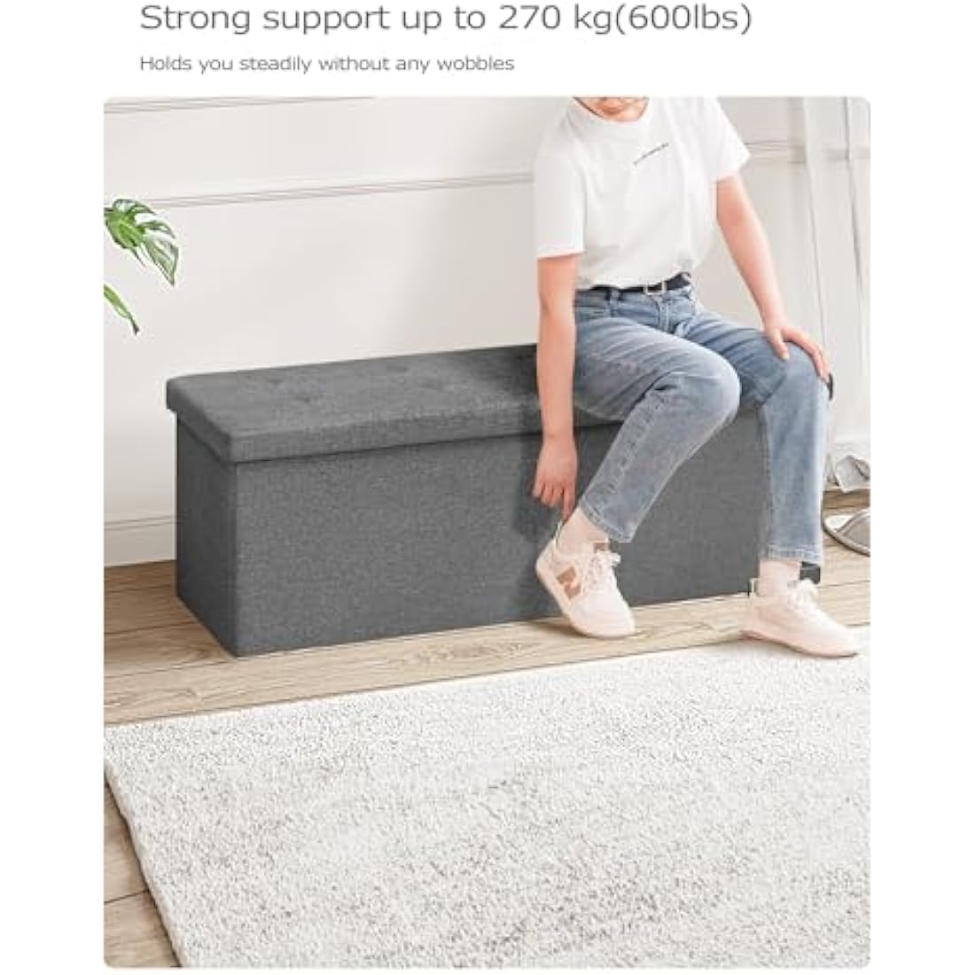 Bonlife Extra Large Folding Ottoman Storage Box,Linen Toy Storage Chest,Window Seat with Storage Trunk,End of Bed Bench,Grey 110x38x38cm