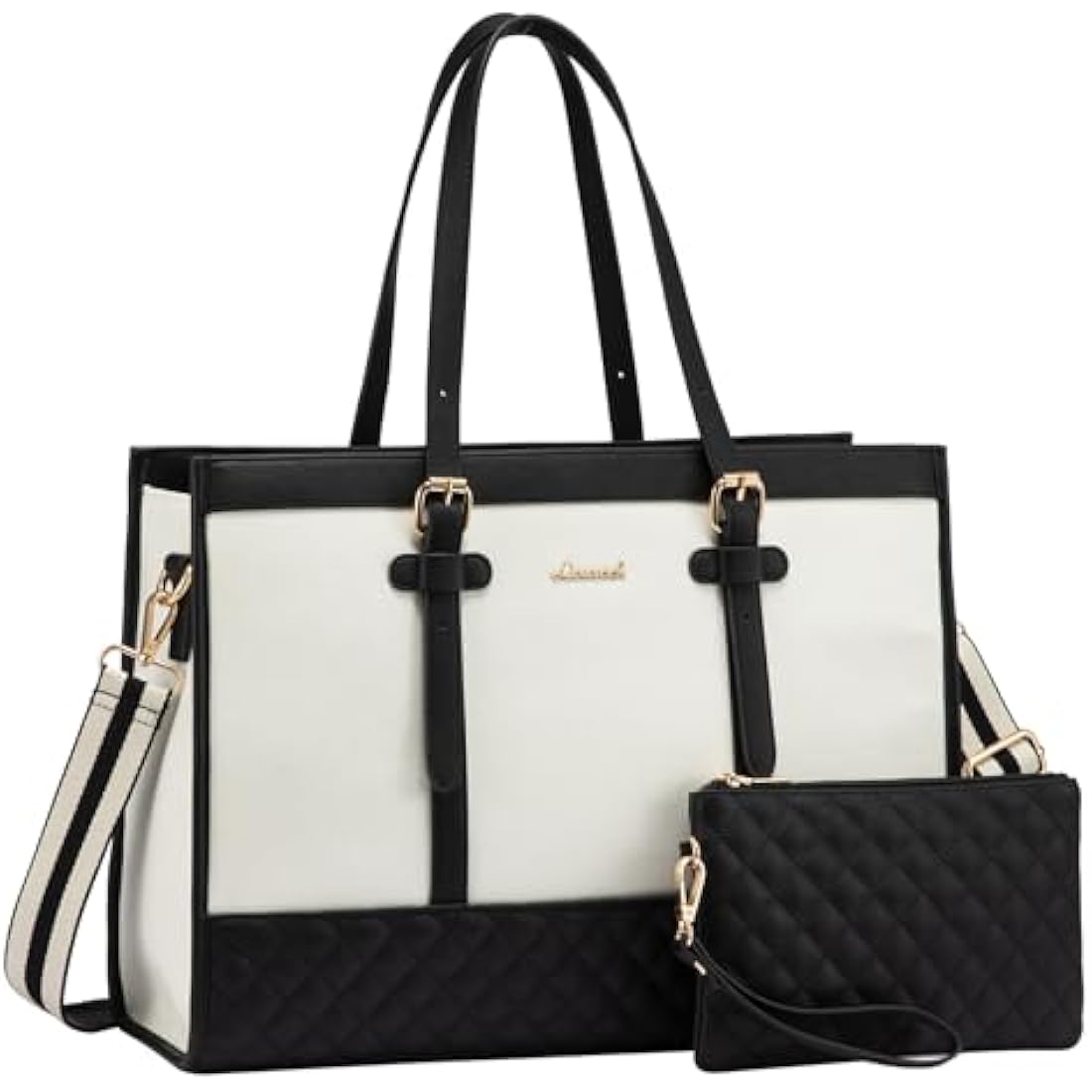 LOVEVOOK Laptop Bags for Women 15.6 Inch, Ladies Handbags for Work Business, Womens Large Tote Bag, Shoulder Bag with Clutch Lightweight for Office Business School College Shopping, Black White