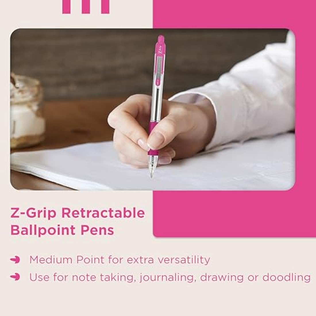 Zebra Pen Z Grip Pink Pens Ballpoint, Smooth & Comfortable Pens with Pocket Clip, Retractable Ballpoint Pens with Pink Ink, Reliable Biro Pens Multipack for Everyday Use - Medium Point, 12pk