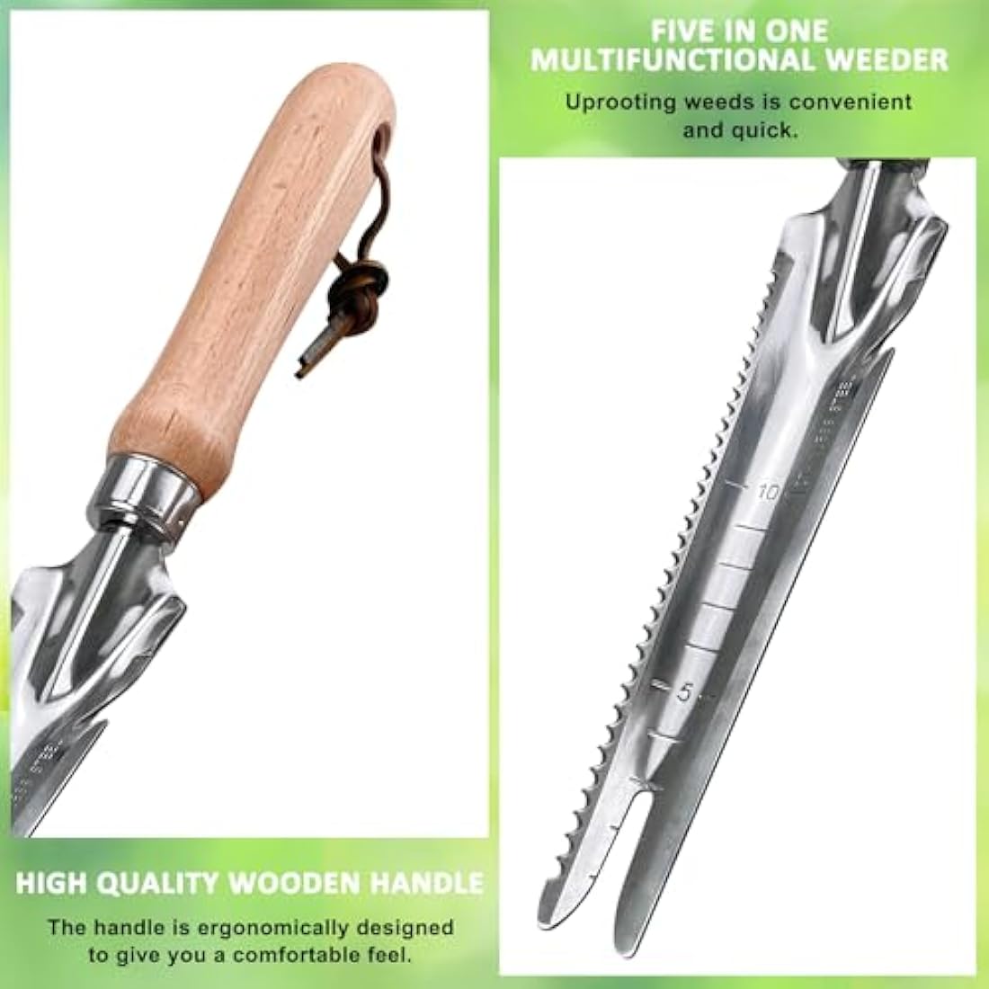 Garden Weeding Tools Multifunctional Manual Weeder Wooden Handle Weed Remover Tool,Stainless Steel Weeder with Measure, Dandelion Removal Tool Hand Weed Puller for Garden Yard Patio Lawn Transplant