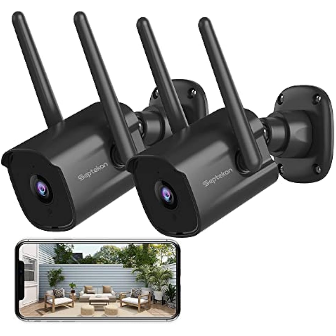 Septekon Security Camera Outdoor CCTV Camera Wireless 2 Pack, 2K Dual Antenna WiFi Home Surveillance Cameras with IP66 Waterproof, Night Vision, AI Motion Detection, 2-Way Audio, Black