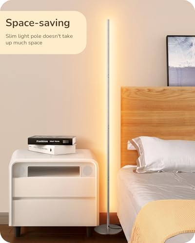EDISHINE LED Floor Lamp, 146cm Minimalist Dimmable Standing Lamp with Foot Switch, Stepless Dimming, Tall Corner Lamp for Living Room, Bedroom, Office, 3000K, Silver