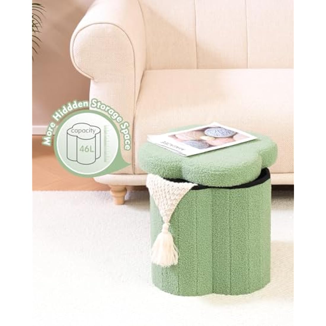 Bonlife Green Ottoman Storage Box,Teddy Storage Seat Box,Folding Small Footstool For Living Room,Kid's Toy Chest Box,Flower Shape,38x38x38cm