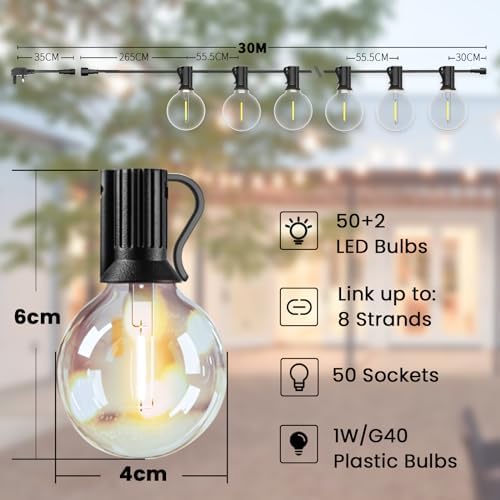 Svater Outdoor String Lights Main Powered 200FT, 60M Linkable Festoon Lights 104 LED G40 Plastic Bulbs Waterppoof IP45 Garden Lights for Patio Backyard Party Wedding Cafe
