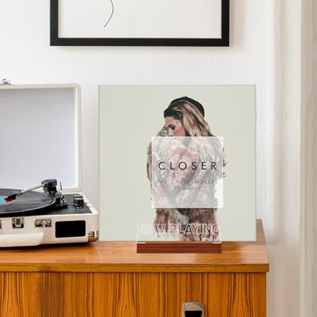 CoolGift Mart Now Playing Vinyl Stand, Light up Record Holder, Wooden Acrylic Display with Warm White Lights for Albums, Room Decor, Gift for Vinyl Lovers