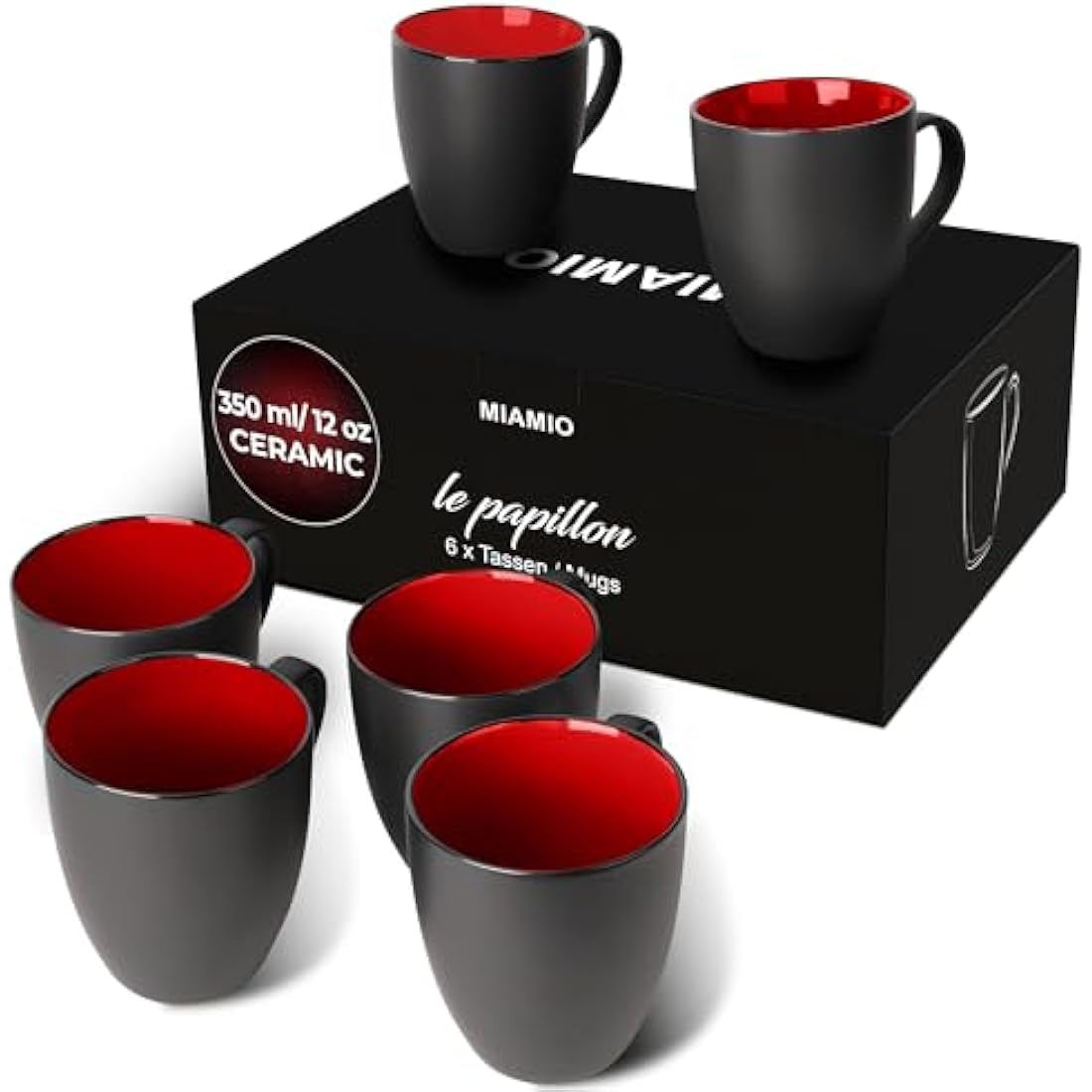 MIAMIO - 6 x 350 ml Stoneware Coffee Mug/Cup Set - Le Papillon Collection (Red)
