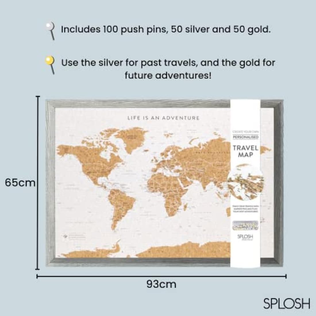 Splosh Large Maps. World Map Pin Board in Grey, Wooden Frame. World Map Cork Board with 100 Pins in 2 Colours to Mark Your Past and Future Adventures. Framed World Maps for Wall. (Grey)