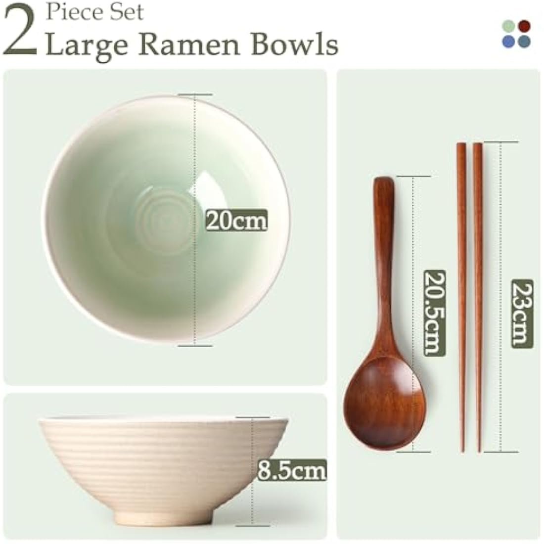 NUTRIUPS 1200ml Ceramic Ramen Bowl Set of 2 Noodle Bowls with Chopsticks and Spoons(Teal)