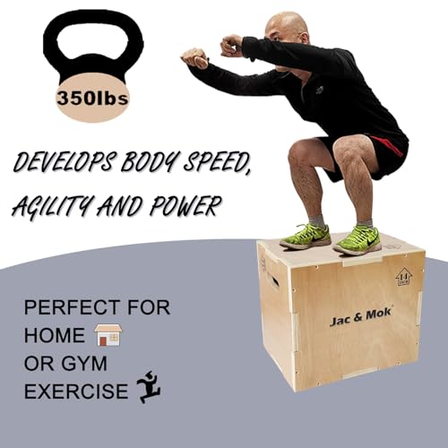 Jac & Mok Wooden Plyo Box - Non-Slip Plyometric Box for Jumping Exercise - Workout Step Platform, Heavy Duty (A. Wood Color - (16/14/12))