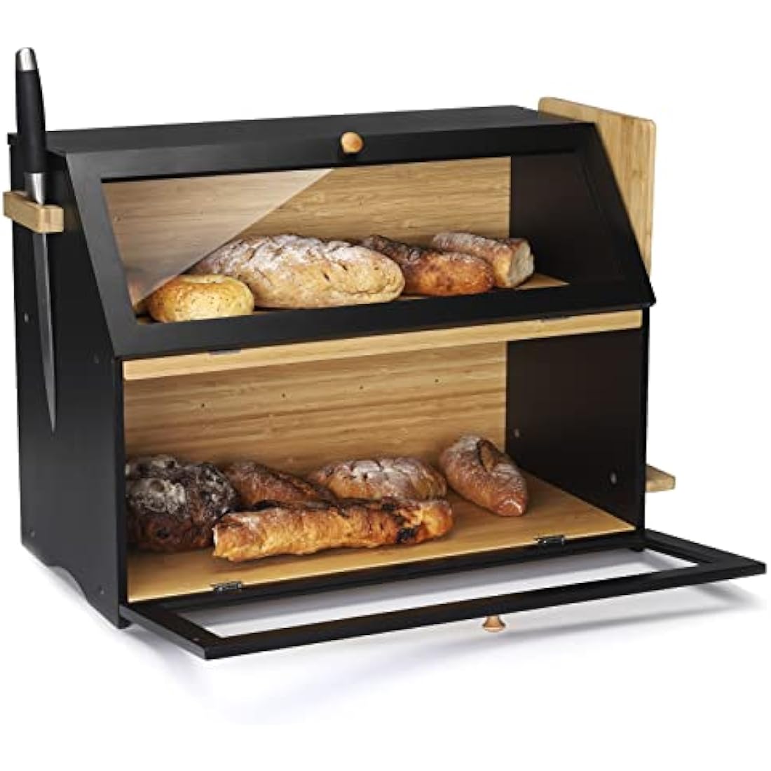 Leader Accessories Double Decker Bamboo Bread Bin 2-Layer Bread Box Large Capacity Bread Storage for Kitchen 19.7"x9.8"x14.5" Black