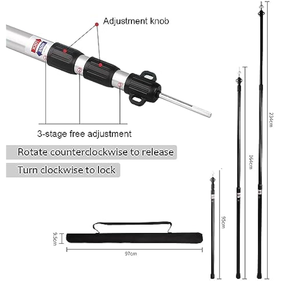 Tiandirenhe Telescopic Pole for Tents, Awning Poles, Telescopic Tent Poles, Aluminium Canopy Support, Telescopic 95-234 cm, Camping Tent Pole, Camping Poles for Tarpaulins, Awning Canopy, Porch
