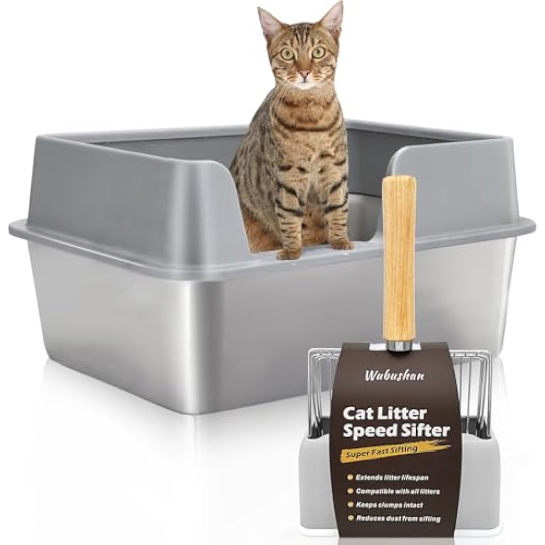 XXL Stainless Steel Cat Litter Tray - High Rim Open Box with Metal Scoop, Easy to Clean