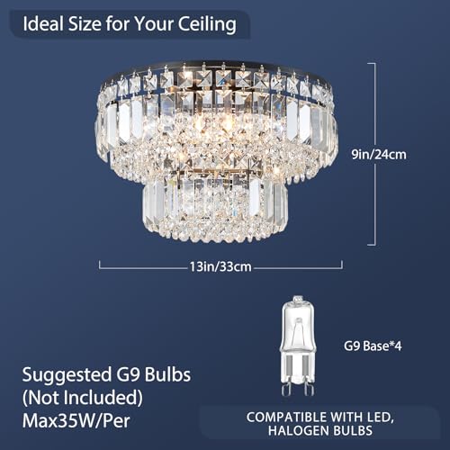 BESTIER Modern Black Crystal Flush Mount Chandelier Lighting LED Ceiling Light Fixture Lamp for Dining Room Bathroom Bedroom Livingroom 4 G9 Bulbs